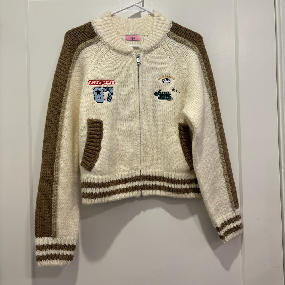 Chuu Club Varsity Zip Up Knit Bomber Sweater Cream Brown Cherry Patch 160/80A